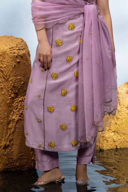 Buy_Mona And Vishu_Purple Cotton, Chiffon Embroidery Round Candy Flower Embellished Kurta Pant Set _Online_at_Aza_Fashions