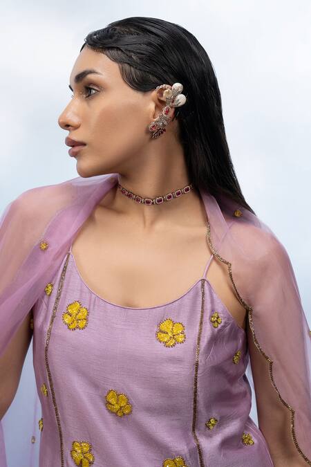 Shop_Mona And Vishu_Purple Cotton, Chiffon Embroidery Round Candy Flower Embellished Kurta Pant Set _Online_at_Aza_Fashions