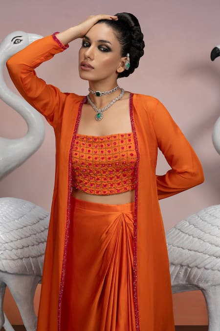 Mona And Vishu_Orange Organza, Tussar Beads, Embroidery Round Neck Crop Top And Pant Set _Online_at_Aza_Fashions