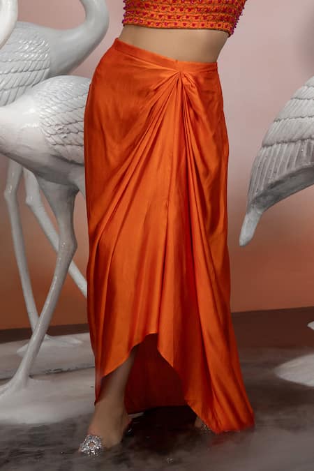 Shop_Mona And Vishu_Orange Organza, Tussar Beads, Embroidery Round Neck Crop Top And Pant Set _Online_at_Aza_Fashions