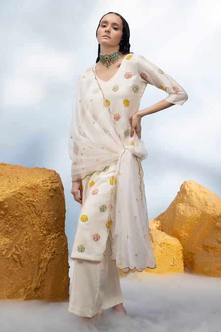 Mona And Vishu_Ivory Silk, Organza Beads V-neck Candy Flower Embroidered Kurta Pant Set _Online_at_Aza_Fashions