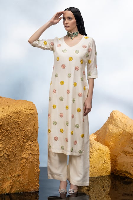 Buy_Mona And Vishu_Ivory Silk, Organza Beads V-neck Candy Flower Embroidered Kurta Pant Set _Online_at_Aza_Fashions