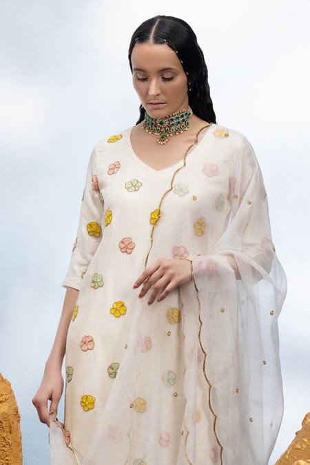Shop_Mona And Vishu_Ivory Silk, Organza Beads V-neck Candy Flower Embroidered Kurta Pant Set _Online_at_Aza_Fashions