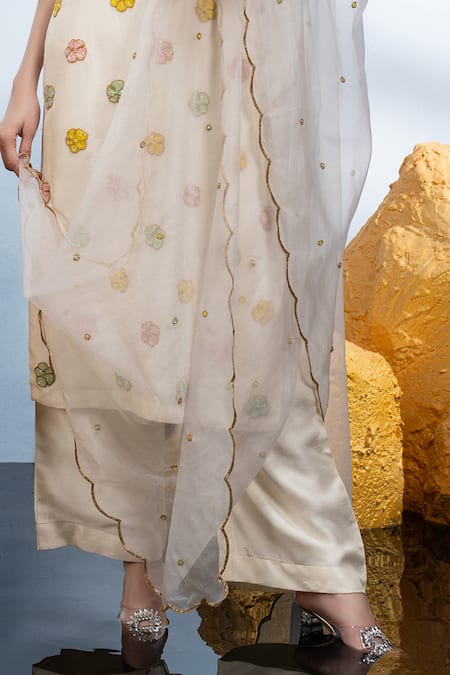 Mona And Vishu_Ivory Silk, Organza Beads V-neck Candy Flower Embroidered Kurta Pant Set _at_Aza_Fashions