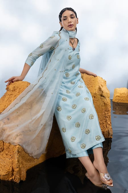 Mona And Vishu_Blue Silk, Organza, Denim Beads V-neck Candy Flower Embroidered Kurta Pant Set _Online_at_Aza_Fashions
