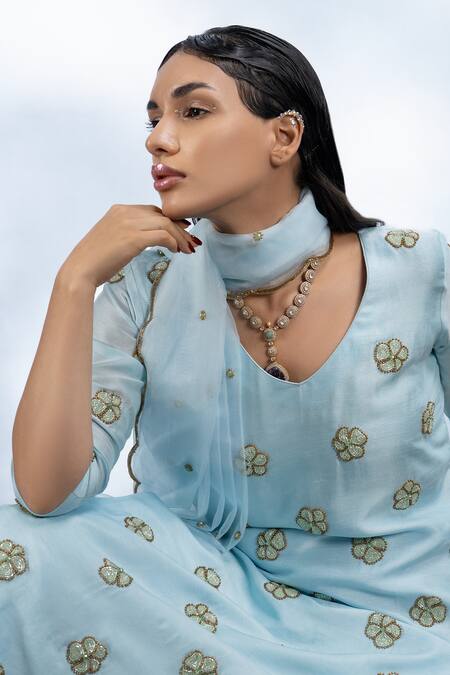 Buy_Mona And Vishu_Blue Silk, Organza, Denim Beads V-neck Candy Flower Embroidered Kurta Pant Set _Online_at_Aza_Fashions