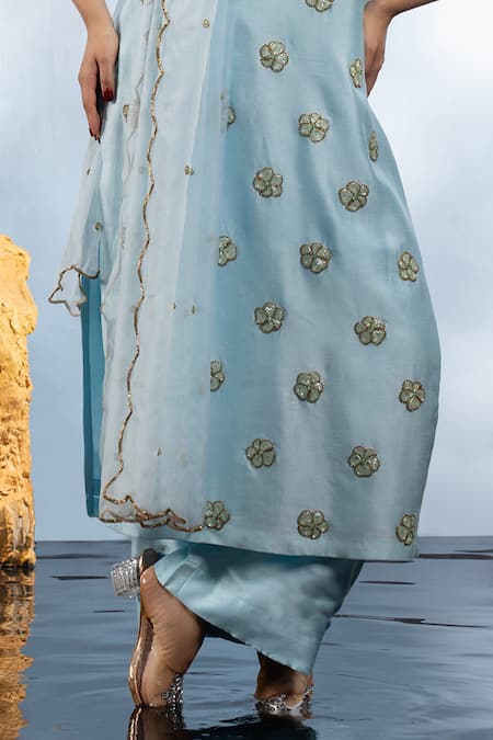 Shop_Mona And Vishu_Blue Silk, Organza, Denim Beads V-neck Candy Flower Embroidered Kurta Pant Set _Online_at_Aza_Fashions
