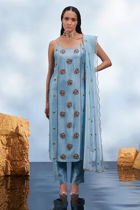 Mona and Vishu Blue Kurta And Pant Dupion Silk Embroidered Bead Scoop Floral Set 