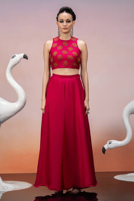 Buy_Mona And Vishu_Pink Silk Beads, Embroidery Round Neck Floral Crop Top And Palazzo Set _Online_at_Aza_Fashions