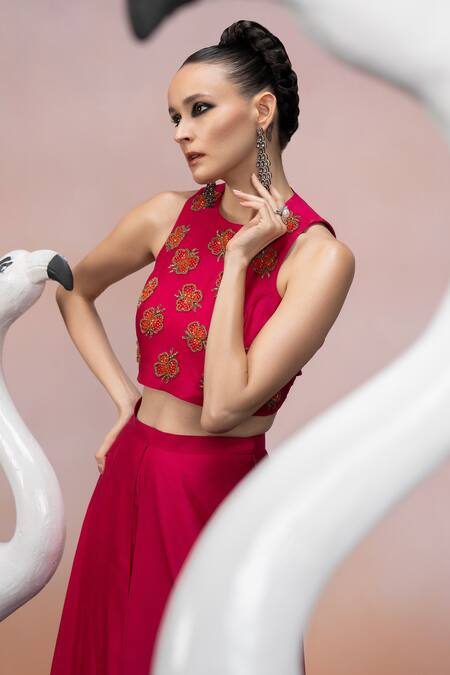 Shop_Mona And Vishu_Pink Silk Beads, Embroidery Round Neck Floral Crop Top And Palazzo Set _Online_at_Aza_Fashions