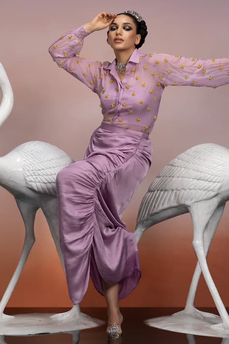 Mona And Vishu Purple Organza, Tussar Beads Collared Candy Motif Embroidered Shirt Skirt Set Online at Aza Fashions Mona And Vishu_Purple Organza, Tussar Beads Collared Candy Motif Embroidered Shirt Skirt Set _Online_at_Aza_Fashions
