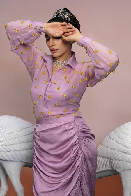 Buy Mona And Vishu Purple Organza, Tussar Beads Collared Candy Motif Embroidered Shirt Skirt Set Online at Aza Fashions Buy_Mona And Vishu_Purple Organza, Tussar Beads Collared Candy Motif Embroidered Shirt Skirt Set _Online_at_Aza_Fashions