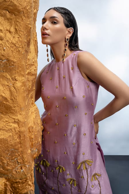Mona And Vishu_Purple Silk Beads Round Neck Candy Floral Embroidered Tunic Tulip Pant Set _Online_at_Aza_Fashions