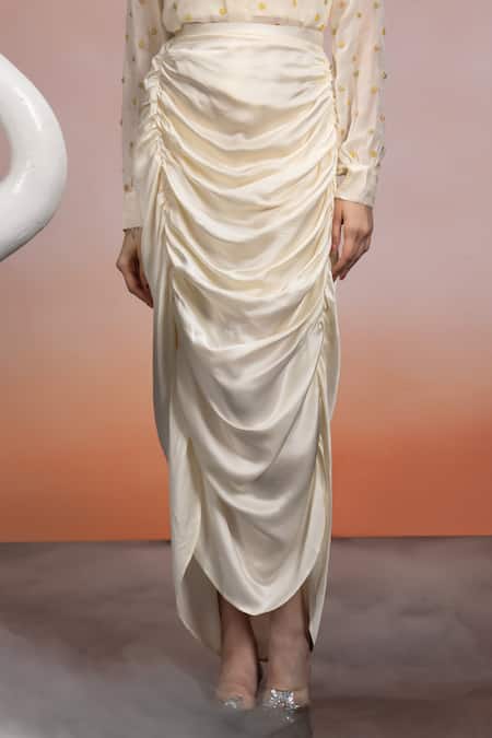 Mona And Vishu_Ivory Organza, Tussar Crystals Floret Embroidered Shirt Pencil Skirt Set _Online_at_Aza_Fashions