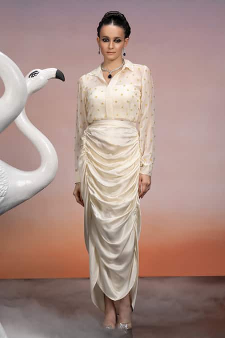 Buy_Mona And Vishu_Ivory Organza, Tussar Crystals Floret Embroidered Shirt Pencil Skirt Set _Online_at_Aza_Fashions