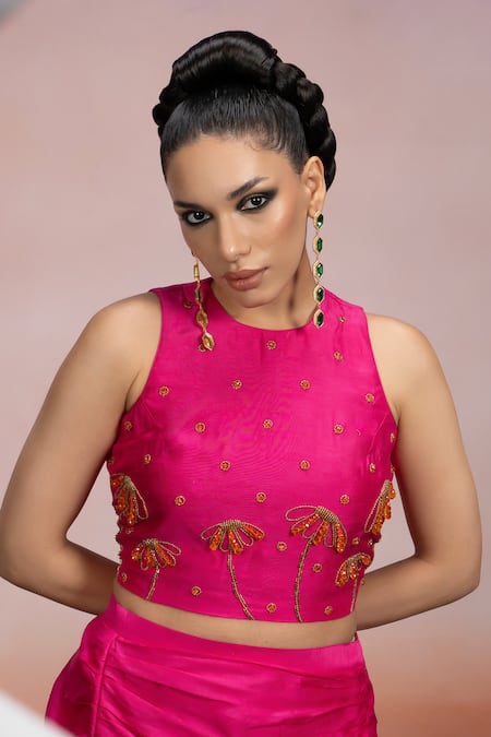 Shop_Mona And Vishu_Pink Silk Crystals, Embroidery Halter Neck Daisy Crop Top With Pencil Skirt _Online_at_Aza_Fashions