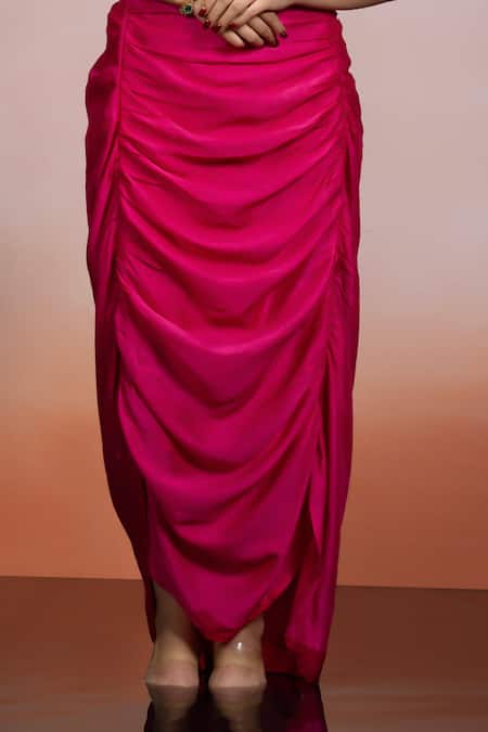 Mona And Vishu_Pink Silk Crystals, Embroidery Halter Neck Daisy Crop Top With Pencil Skirt _at_Aza_Fashions