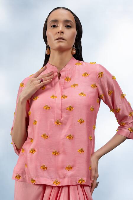Mona And Vishu_Pink Silk Crystals Mandarin Floweret Embroidered Tunic Kurti With Draped Skirt _Online_at_Aza_Fashions