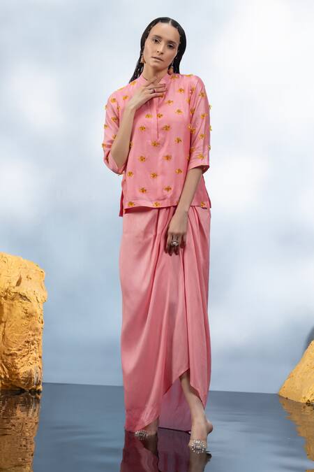 Shop_Mona And Vishu_Pink Silk Crystals Mandarin Floweret Embroidered Tunic Kurti With Draped Skirt _Online_at_Aza_Fashions