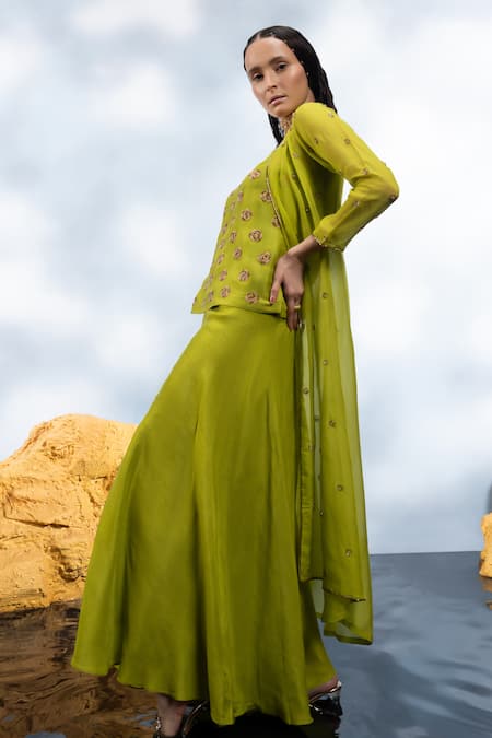 Mona And Vishu_Green Silk, Organza Embroidery Round Neck Crystal Rose Jacket Palazzo Set _Online_at_Aza_Fashions