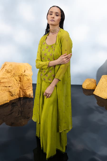 Buy_Mona And Vishu_Green Silk, Organza Embroidery Round Neck Crystal Rose Jacket Palazzo Set _Online_at_Aza_Fashions