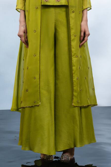 Shop_Mona And Vishu_Green Silk, Organza Embroidery Round Neck Crystal Rose Jacket Palazzo Set _Online_at_Aza_Fashions
