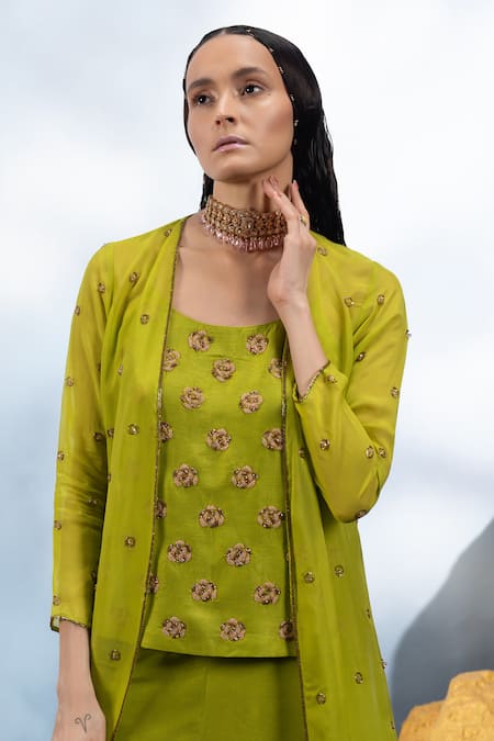 Mona And Vishu_Green Silk, Organza Embroidery Round Neck Crystal Rose Jacket Palazzo Set _at_Aza_Fashions