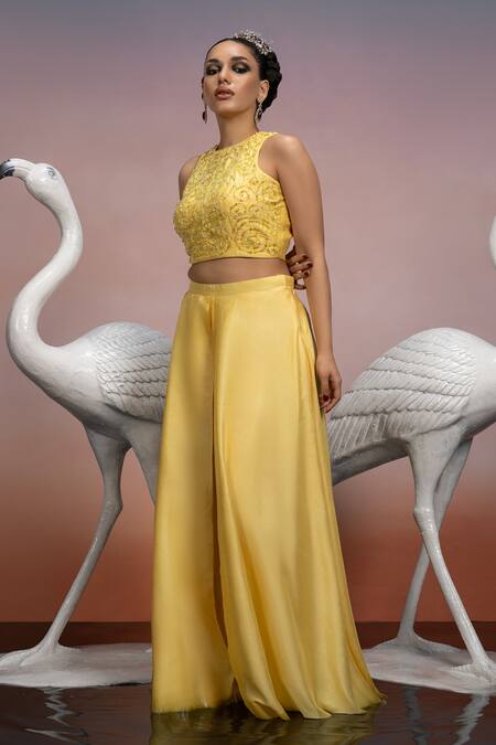 Mona And Vishu_Yellow Silk Crystals Halter Neck Helix Embroidered Crop Top With Flap Palazzo _Online_at_Aza_Fashions