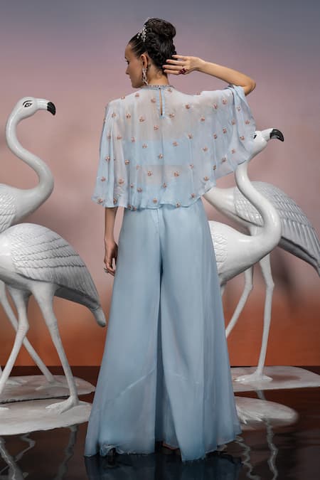 Mona And Vishu Crystal Fleur Embroidered Cape Palazzo Set 