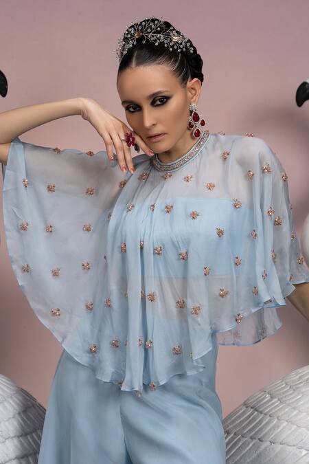 Mona And Vishu_Blue Silk, Organza Crystals Round Neck Fleur Embroidered Cape Palazzo Set _Online_at_Aza_Fashions