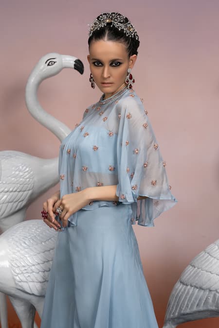 Buy_Mona And Vishu_Blue Silk, Organza Crystals Round Neck Fleur Embroidered Cape Palazzo Set _Online_at_Aza_Fashions