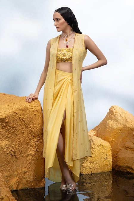 Mona and Vishu Yellow Bustier And Draped Skirt Dupion Silk Jacket Soft Organza Embroidery Set 