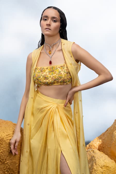 Mona And Vishu_Yellow Silk, Organza Crystals Square Bloom Embroidered Jacket Draped Skirt Set _Online_at_Aza_Fashions