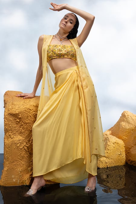Buy_Mona And Vishu_Yellow Silk, Organza Crystals Square Bloom Embroidered Jacket Draped Skirt Set _Online_at_Aza_Fashions