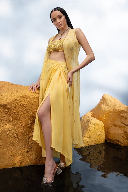 Shop_Mona And Vishu_Yellow Silk, Organza Crystals Square Bloom Embroidered Jacket Draped Skirt Set _Online_at_Aza_Fashions