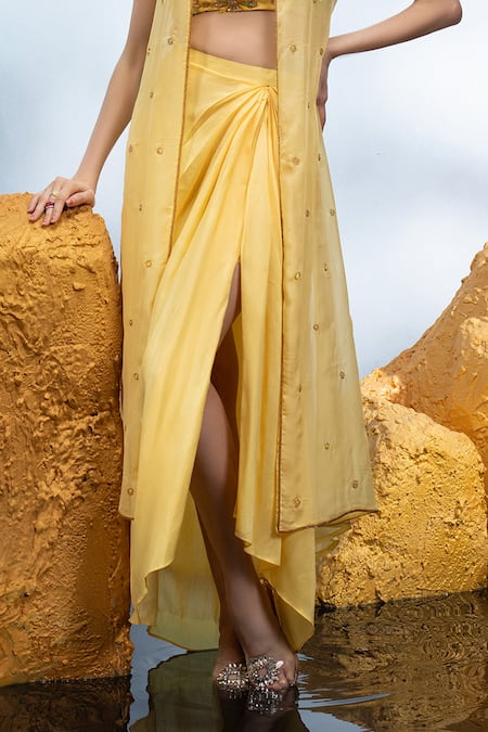 Mona And Vishu_Yellow Silk, Organza Crystals Square Bloom Embroidered Jacket Draped Skirt Set _at_Aza_Fashions