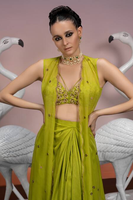 Mona And Vishu_Green Silk, Organza Crystals Blossom Embroidered Jacket Draped Skirt Set _Online_at_Aza_Fashions