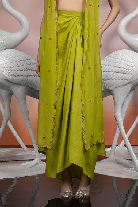 Shop_Mona And Vishu_Green Silk, Organza Crystals Blossom Embroidered Jacket Draped Skirt Set _Online_at_Aza_Fashions