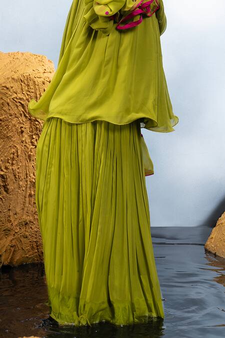 Buy_Mona And Vishu_Green Georgette Embroidery, Crystals V-neck Petunia Peplum Kurta Sharara Set _Online_at_Aza_Fashions