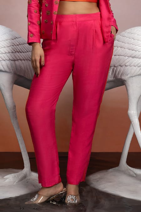 Buy_Mona And Vishu_Pink Silk Embroidery, Crystals Round Neck Lily Blazer Pant Set _Online_at_Aza_Fashions