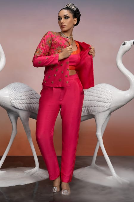Shop_Mona And Vishu_Pink Silk Embroidery, Crystals Round Neck Lily Blazer Pant Set _Online_at_Aza_Fashions