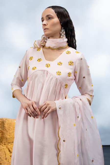 Mona And Vishu_Pink , Organza Embroidery Crystal Phool Aliya Cut Kurta Pant Set _Online_at_Aza_Fashions