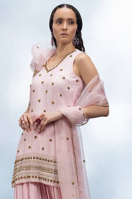Mona And Vishu_Pink Silk, Organza Crystals, Embroidery V-neck Gul Kurta Sharara Set _Online_at_Aza_Fashions