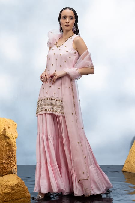 Buy_Mona And Vishu_Pink Silk, Organza Crystals, Embroidery V-neck Gul Kurta Sharara Set _Online_at_Aza_Fashions
