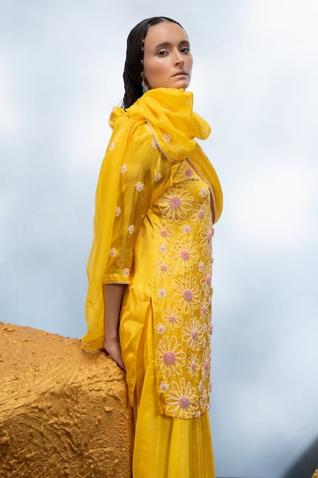 Mona And Vishu_Yellow Satin, Organza, Denim, Crystals, Bahar Kurta Sharara Set _Online_at_Aza_Fashions