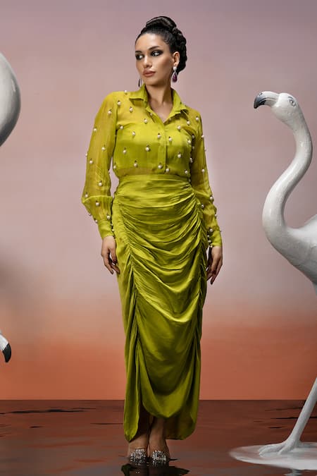 Mona And Vishu_Green Organza, Tussar Pearls Collared Misty Embellished Shirt Pencil Skirt Set _Online_at_Aza_Fashions