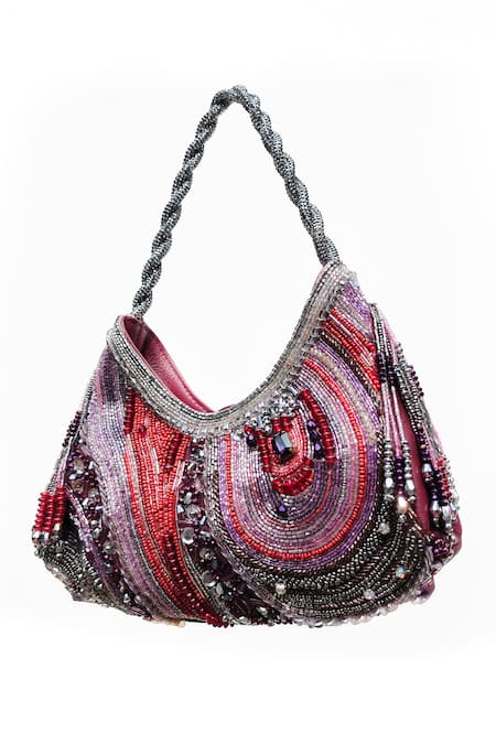Born Flash Maroon Crystals, Beads Agate Radiance Embellished Handbag Online at Aza Fashions Born Flash_Maroon Crystals, Beads Agate Radiance Embellished Handbag _Online_at_Aza_Fashions