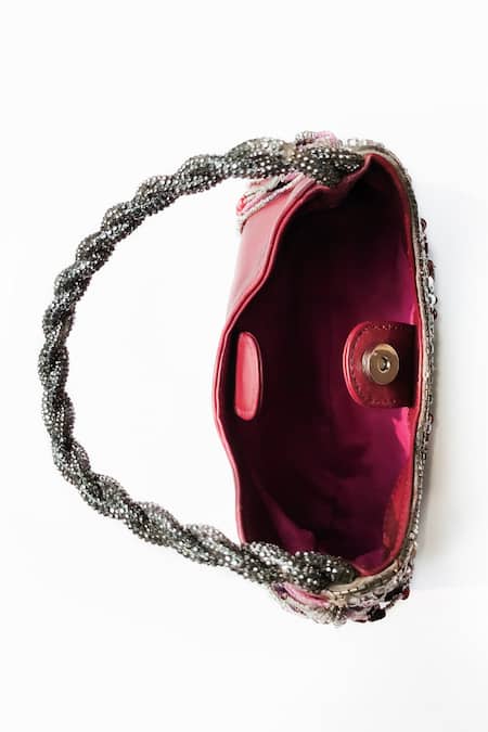 Born Flash Maroon Crystals, Beads Agate Radiance Embellished Handbag at Aza Fashions Born Flash_Maroon Crystals, Beads Agate Radiance Embellished Handbag _at_Aza_Fashions