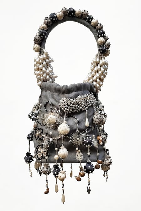 Buy_Born Flash_Grey Beads, Lace Timtima Hand Embroidered Potli Bag _Online_at_Aza_Fashions