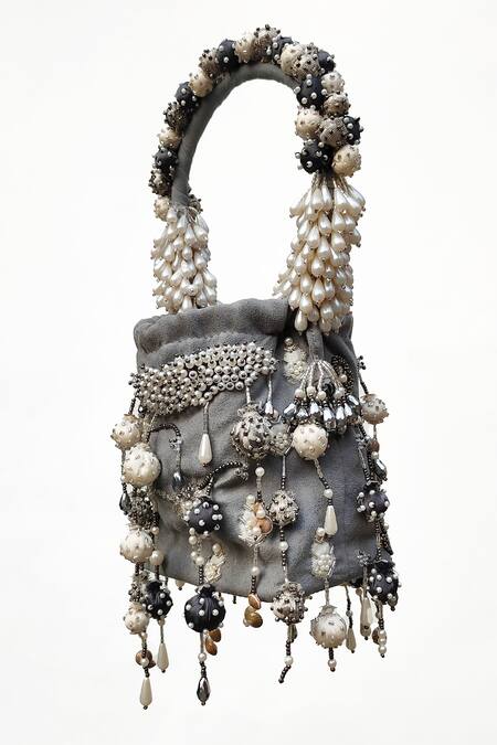 Shop_Born Flash_Grey Beads, Lace Timtima Hand Embroidered Potli Bag _Online_at_Aza_Fashions